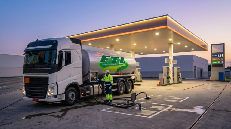 Caminhão-tanque de transporte de combustível realizando abastecimento pontual em posto de serviços moderno.